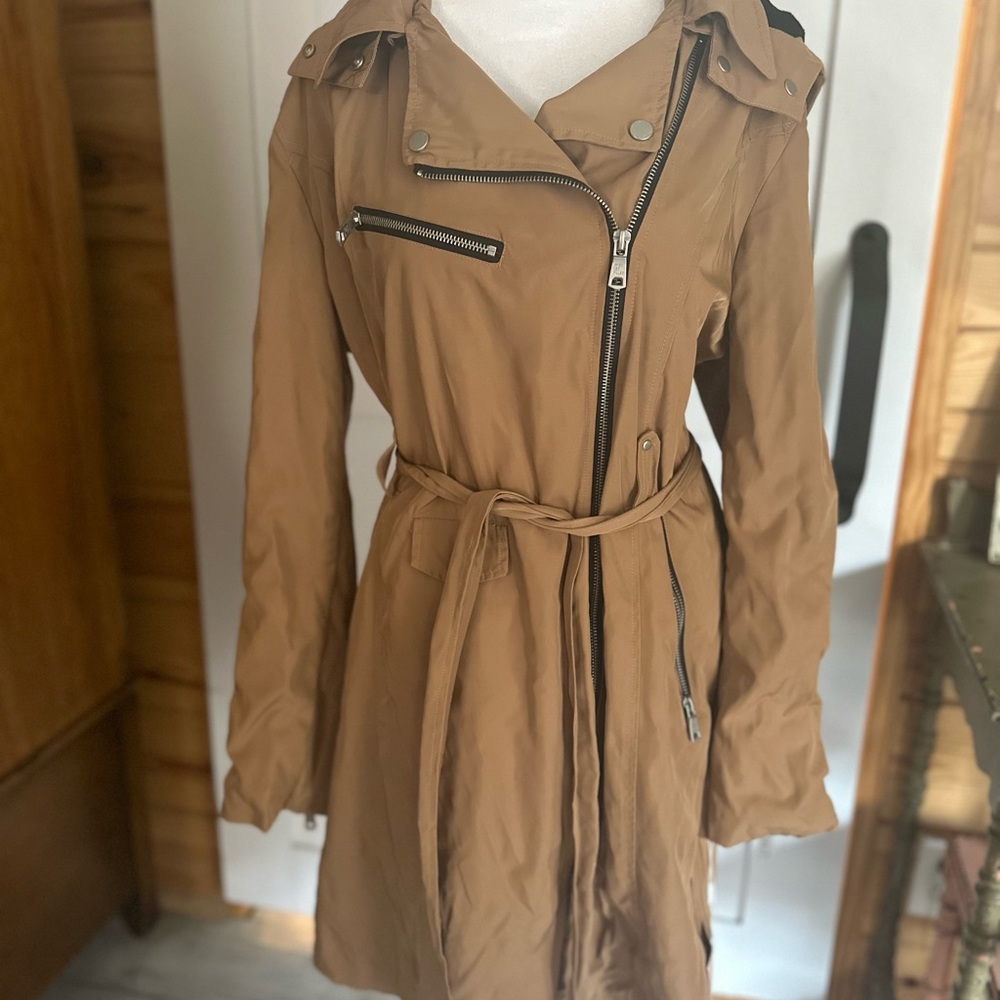 Avec Les Filles Belted Moto Rain Jacket In Camel NWT- XL